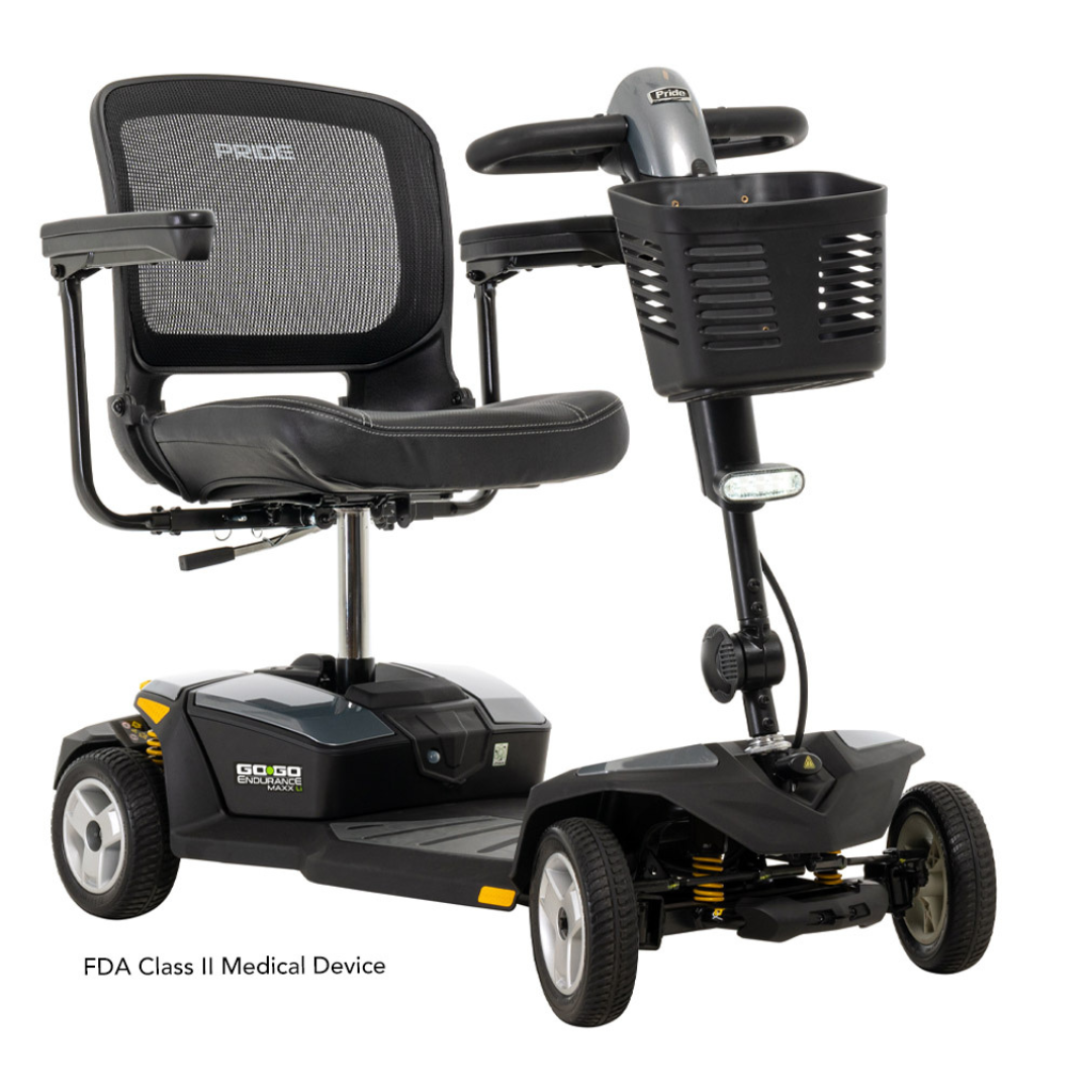 Discover ultimate comfort with the Pride Mobility Go Go® Endurance Li 4-Wheel Scooter. This FDA Class II medical device includes Comfort-Trac Suspension, a padded seat, armrests, control handlebars, and a front basket for added convenience.